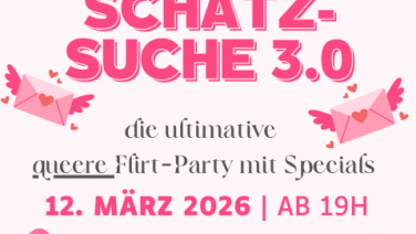 Flyer queere Flirt Party im cascades am Do 12.3. ab 19 Uhr