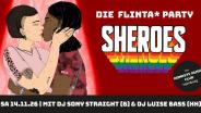 Eventgrafik (zwei küssende FLINTA* + Sheroes-Logo) mit Daten und DJ-Info